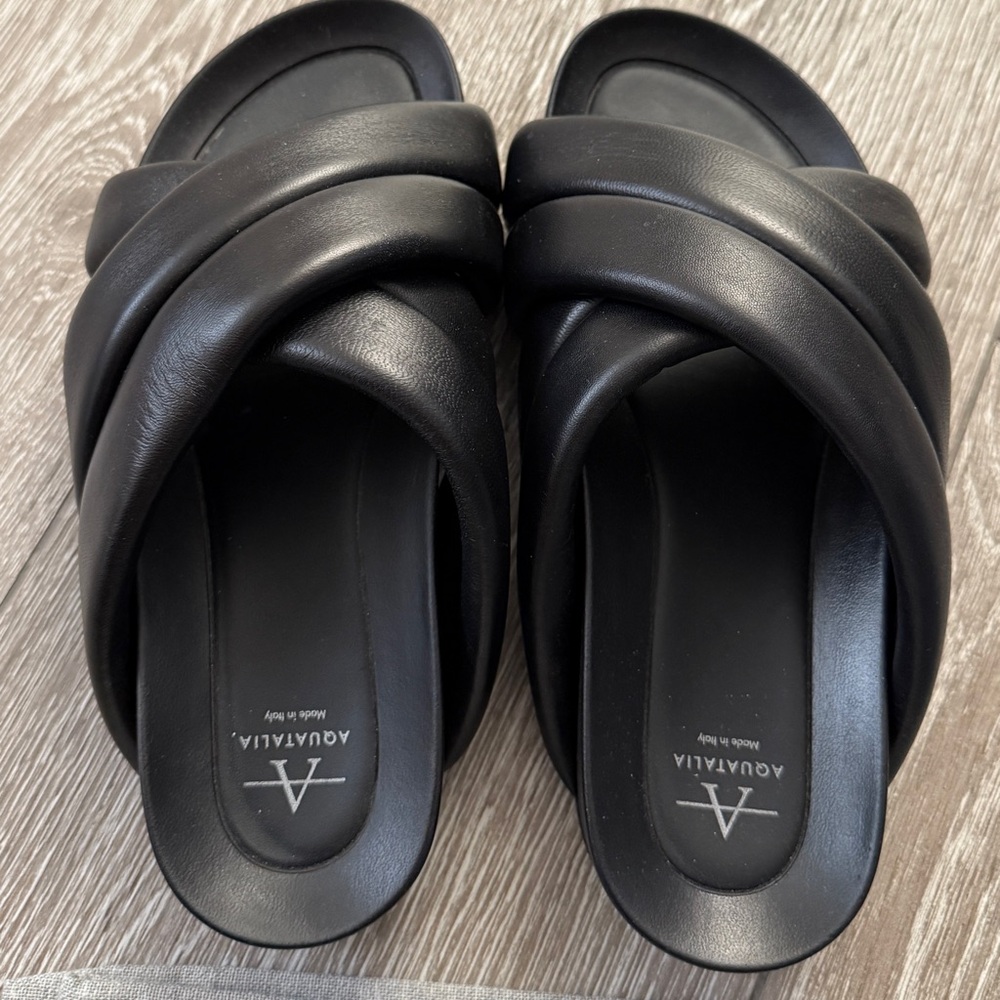 Black Leather Padded Slide Sandals